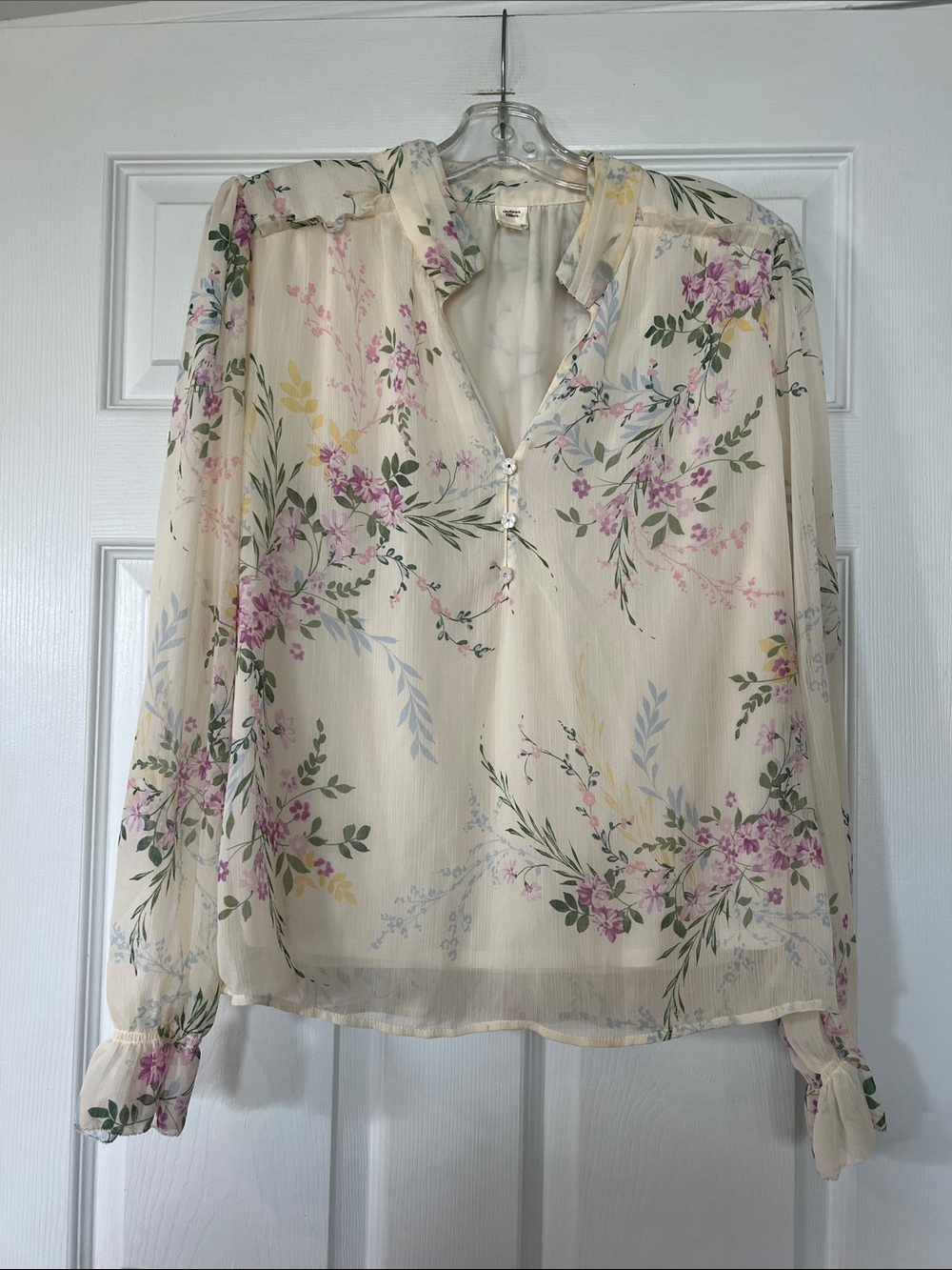 Sheer Floral Blouse in Cream with Pink & Green - Women's Top